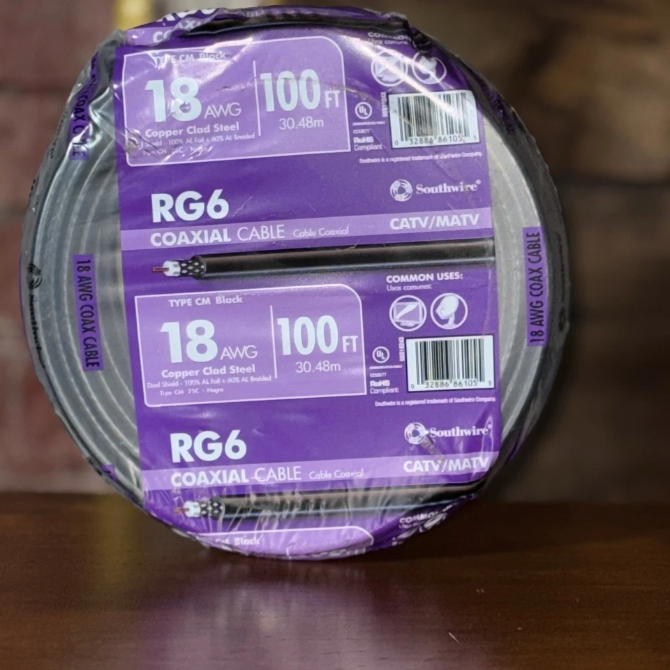 Cable coaxial Southwire, 100 pies, 18 AWG, RG6 Quad Shield, cable negro de cobre Foto 1 de 3