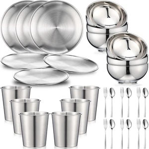 30 Pcs 304 Stainless Steel Dinner Set Stainless Steel Plates and Bowls Includ... - Picture 1 of 7