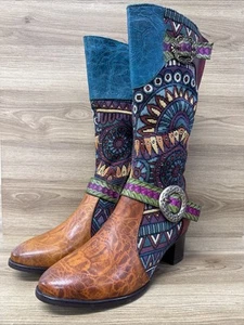Socofy Western Patchwork Leather Mid Calf Zip Ankle Boots Boho Style Size 8 - Picture 1 of 15