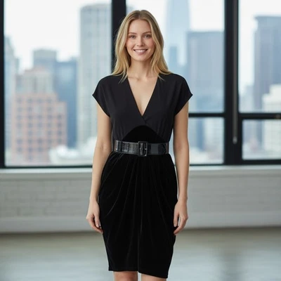 JEAN PAUL GAULTIER V-Neck Dress 6 Black Velvet Leather Cowl Back Belted VINTAGE - Image 1 of 4