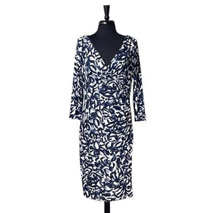 Ralph Lauren Women's Dress Blue White Abstract Surplice V-Neck Faux Wrap Sz 12 - Picture 1 of 9
