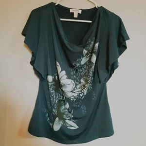 Dressbarn Navy Blue Floral Sparkle Top Sz Petite Medium Fitted Short Sleeve  - Picture 1 of 10