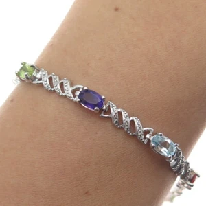 925 Sterling Silver Real Diamond Accent & Multi-Color Gem X Link Bracelet 7.5" - Picture 1 of 8