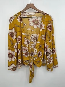 Another Reason Tie Front Kimono Cardigan Women Large Yellow Floral Beach - Picture 1 of 8