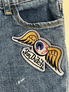 Von Dutch Vintage Flying Eye Wing Logo Patch Jeans Sz Girls 24x26 Flare Leg - Picture 1 of 11
