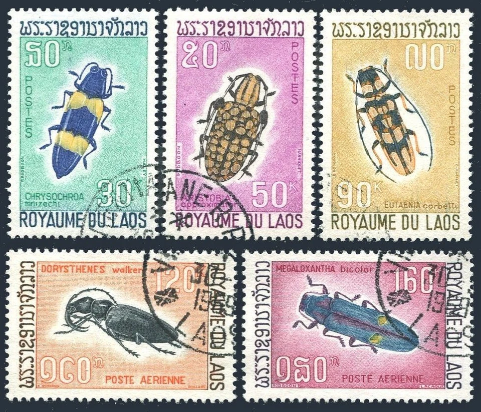 Laos 171-173,C54-C55,CTO.Michel 235-239. Insects 1968.Chrysochroa Mnizechi, - Image 1 of 1