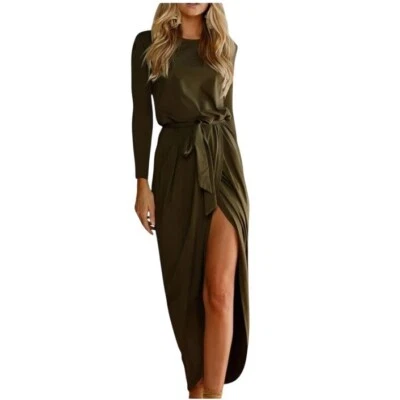 Olive NEW Long High Split Women's Dress Green Small Soft Flattering Work Casual - Image 1 of 4
