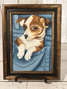 Miniatura Original Pintado a Mano Terrier Cachorro En Denim Bolsillo Enmarcado Mascota Retrato - Imagen 1 de 11