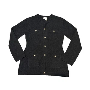 H&M Women S Novelty Gold Button Knit Cardigan Sweater Black Pockets Old Money - Picture 1 of 5