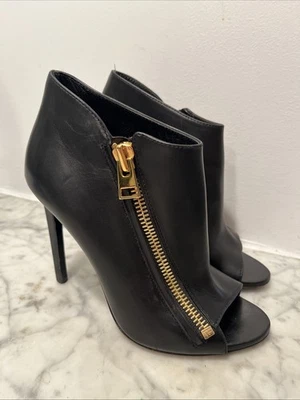 Tom Ford Black Leather Ankle Booties Peep Toe Heels. Gold Zipper. - Image 1 of 4