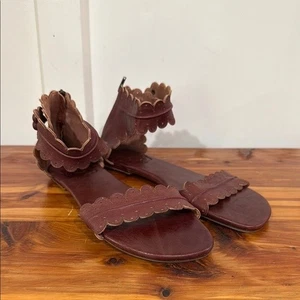 ELF Made By Hand Midsummer Leather Scalloped Edge Sandals in Vintage Brown 10 - Picture 1 of 7