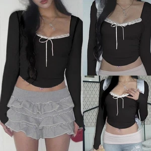 Square Neck Long Sleeve T Shirt for Women Autumn Bow Design Casual Top - Picture 1 of 24
