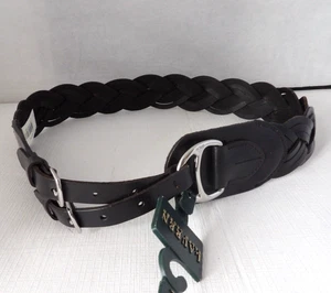 NWT Authentic RALPH LAUREN Black Leather Weave Silver Tone Logo Women's Belt M - Picture 1 of 6