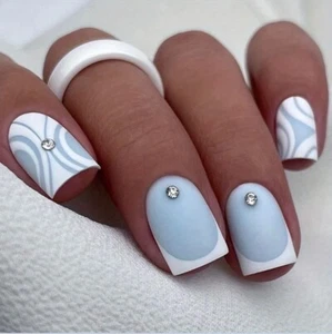 24 Medium Square Matte Blue White Rhinestones Press On False Nails Brand New - Picture 1 of 6