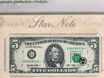 Billete estrella de 5 dólares de la Reserva Federal 1993 con soporte original BEP Foto 1 de 3