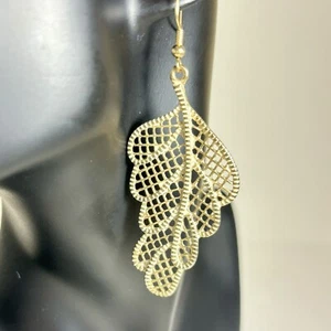 Open Work Leaf Brushed Gold Tone Fashion Pierced Earrings Hooks 2 1/4" x 1.25” - Picture 1 of 10