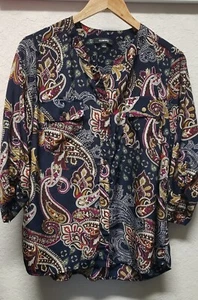 Multi-Color Paisley 3/4 Sleeve Button Front Blouse - L - V- Neck - Picture 1 of 3