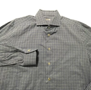 Kiton LS Button Up Shirt Mens Size 17.5/44 Blue & White Plaid Modern Italy EUC - Picture 1 of 9
