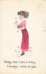 Vintage Postcard - 1913/ posted - Woman holding daisy - always thinking of you - Picture 1 of 2