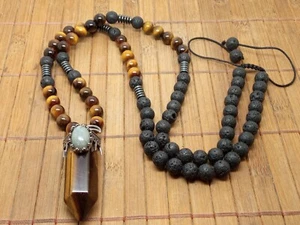 Collier POINTE OEIL DE TIGRE + LABRADORITE + PIERRE DE LAVE + HEMATITE - Picture 1 of 4