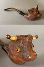 Antique Bull Steer Longhorn Briar 7 1/4" Carved Estate Pipe with Glass Eyes
