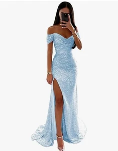 New prom dress size 8 light blue Sequin long off the shoulder dress with Slit - Picture 1 of 2