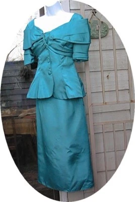 Vintage 2-Piece Aqua Blue 3/4 Sleeve Ruched Peplum Fitted Skirt Suit Outfit  PS - Image 1 of 4