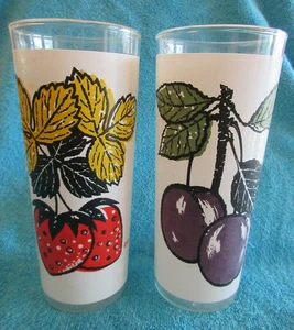 L. Elliott Mid-Century Modern Frosted Fruit Tumblers Set (2) Strawberry Plum 50s - Picture 1 of 7