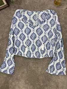 Hollister Cropped Top size S Boho Blue White Bell Sleeves V Neck Western Cotton - Picture 1 of 10