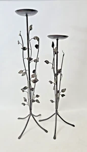 Floor Standing Metal Candle Stands Holders Pair Black Metal Leaves - Picture 1 of 3