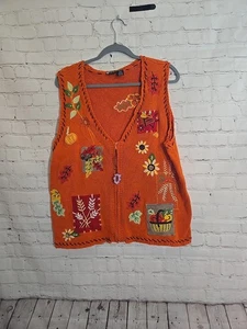 Holiday Editions XL Orange Fall Harvest Knit Vest Leaves & Pumpkins Zip Front - Picture 1 of 8