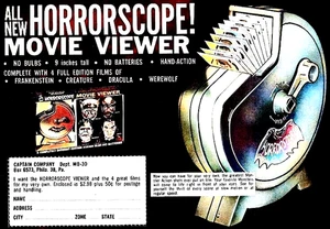 Handgekurbelt Horrorfilm Betrachter Spielzeug Werbung auf Metall Kühlschrankmagnet 3,5" x 2,5" - Bild 1 von 4
