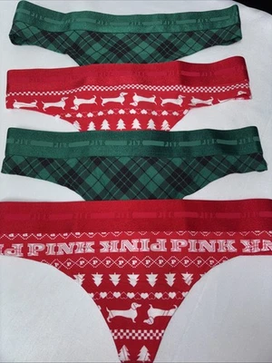 Victoria Secret Lot of 4 Thongs Christmas Holiday Red Green Trees Dog Plaid Pink - Image 1 of 4