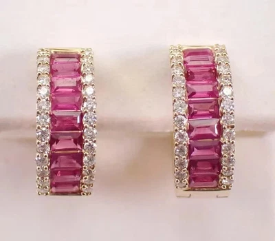 Lab-Created Ruby 3Ct Baguette Cut Huggie Hoop Earrings 14K Yellow Gold Plated - Image 1 of 4