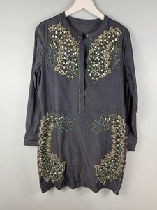 Antik Batik Beaded Alice Djellabah Chambray Shirt Dress Sz 40 M 8 Bohemian Artsy - Picture 1 of 15