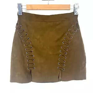 Millau A-Line Mini Skirt Womens Size S Brown High Waist Micro Suede Lace Up - Picture 1 of 13