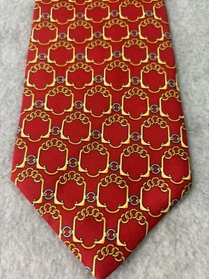 复古 Paolo Gucci 领带红色带金色链接马术几何图案 L:58 英寸 W:4 英寸 — 第 1/4 张图片