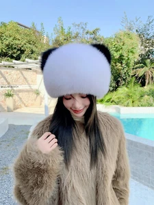 Sombrero de piel de zorro real para mujer sombrero de bombín gorros elásticos oreja exterior gorra oreja de gato - Imagen 1 de 13