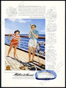 1950 2 mujeres tejo foto Matson Lines Hawaii crucero vintage anuncio impreso - Imagen 1 de 7