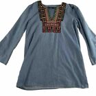 arc and co Boho Embroidered Long Sleeve Chambray Tunic Shirt Size M