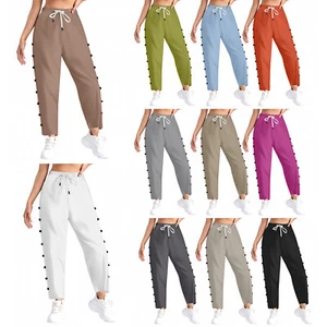 Womens Casual Leisure Pants Lounging Capri High Waist Drawstring Side Elastic - Picture 1 of 124