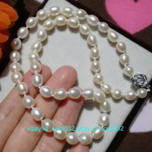 Collar largo genuino de perlas de arroz blanco cultivadas de agua dulce del Mar del Sur de 6-7 mm 20" - Imagen 1 de 11