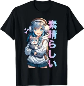 Kawaii Anime Girl and Cat T-Shirt – Aesthetic Japanese Streetwear - Picture 1 of 2