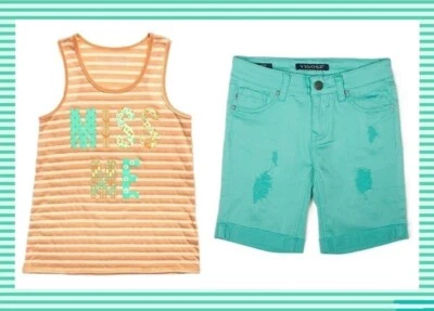 NUEVO CON ETIQUETAS VIGOSS NIÑAS 10 MARRÓN, CREMA Y AQUA RAYAS TANQUE Y BERMUDAS DESGASTADAS Foto 1 de 4