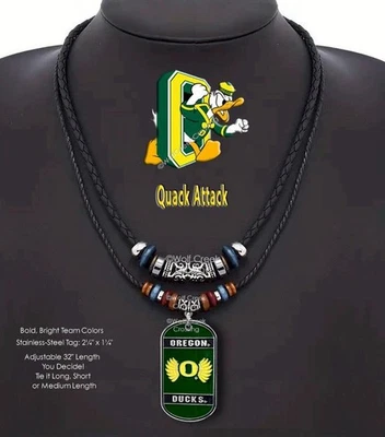 LARGE OREGON DUCKS NECKLACE 32" Tribal Beads Leather NCAA Football Dad Son HOT' - Image 1 of 4