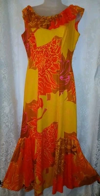 Vintage 60s Barkcloth Neon Orange Floral Hawaiian Mermaid Muumuu Dress L EUC  - Image 1 of 4