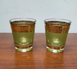 CULVER Two Shot Glasses STARLYTE Green & Gold MCM 1960's ? BARWARE - Picture 1 of 4