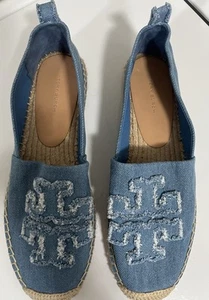 Women’s Tory Burch Double T Denim Flats Shoes Espadrilles 9.5. New. No Box - Imagen 1 de 10