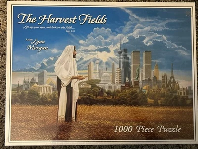 Harvest World Trade Center Eiffel Tower Jesus 1000 24x30 White Mountain Puzzle - Image 1 of 4