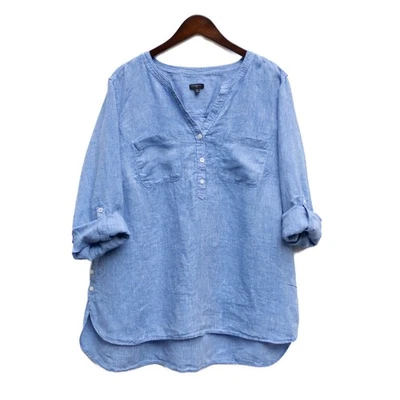 Top túnica de lino para mujer Talbots 2X azul cuello en V manga lengüeta enrollable ajuste relajado Foto 1 de 4